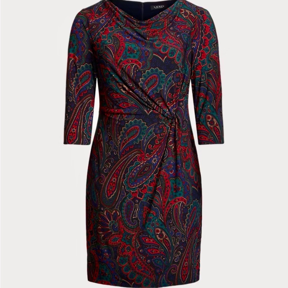 RALPH LAUREN Twisted Knot Red Navy Blue Green Paisley Long Sleeve Midi Dress